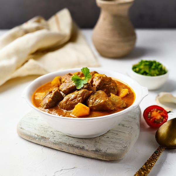 A white bowl of Batika India Bistro's Indian curry with meat and potatoes, garnished with parsley.